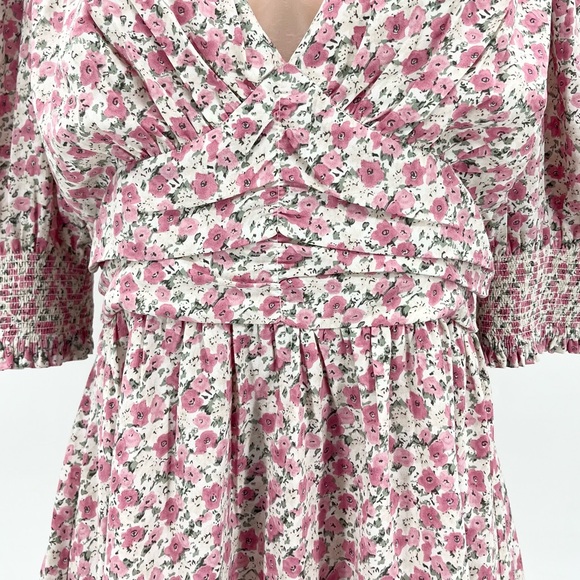 Lush Pink Floral Cottagecore Puff Sleeve V-Neck A-Line Dress Size Large - Picture 6 of 12